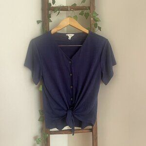 Navy Tie-Front Button Blouse – Vintage Fit